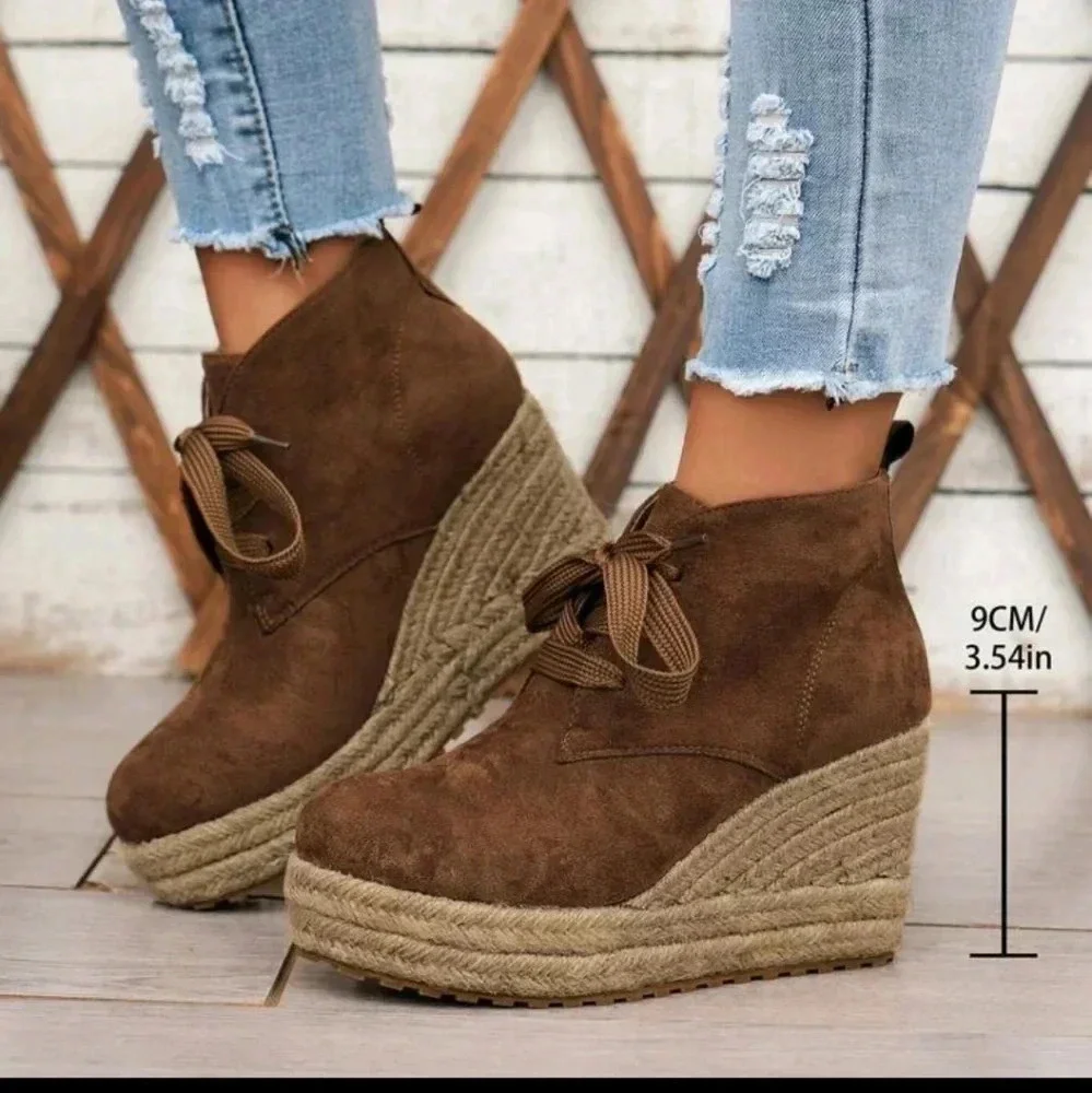 Women's Fashion Platform Boots With Solid Color Woven Shoelaces, All-Match And H - Picture 1 of 8
